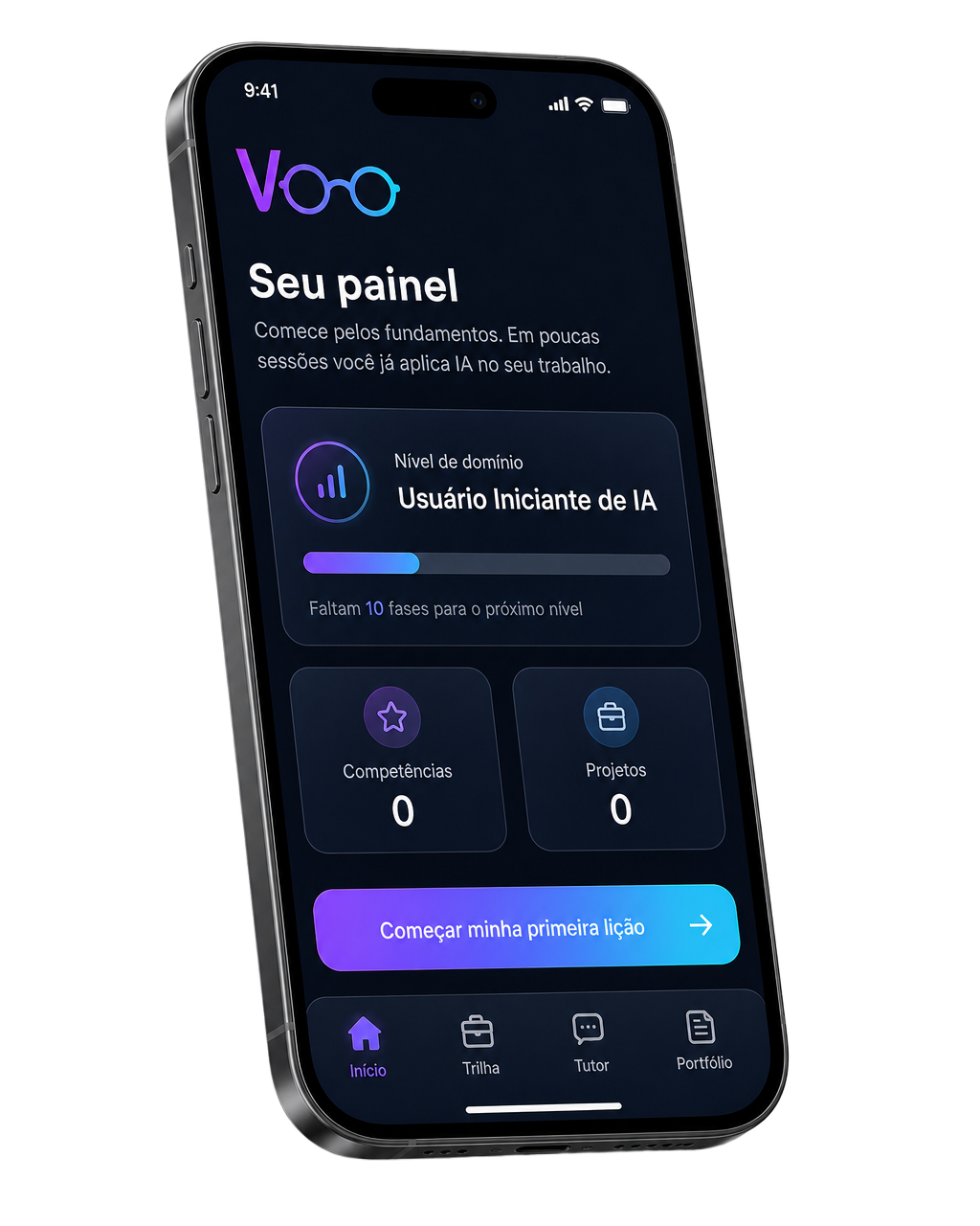 Plataforma Voo com dashboard profissional de progresso em Inteligência Artificial